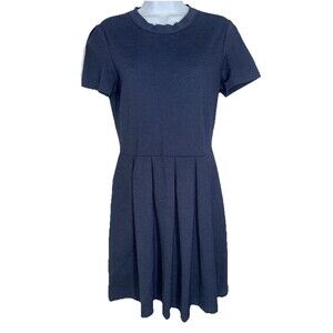 Hutch Anthropologie Navy Ponte Fit Flare Dress Short Sleeve Pleated Women Sz 10